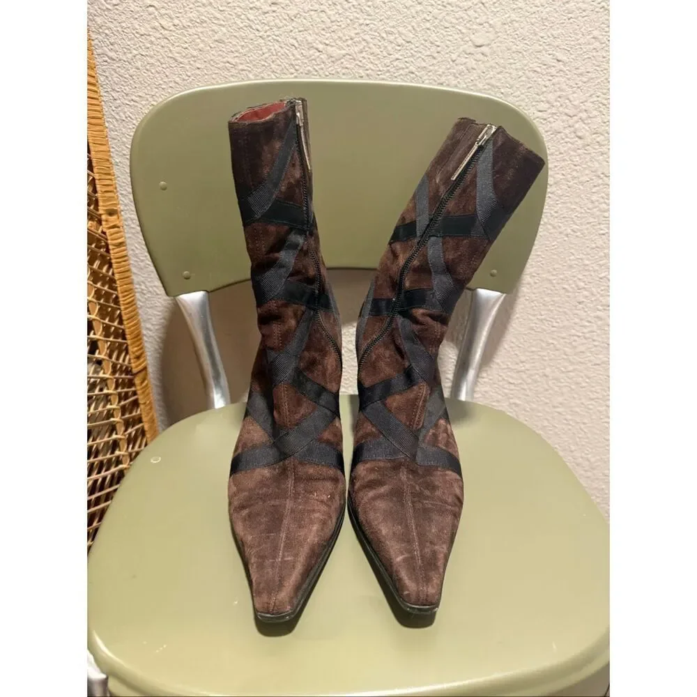 Donald J Pliner Brown Suede Black Criss-Cross Bandage Heeled Ankle Boots Size 7 - Picture 3 of 5
